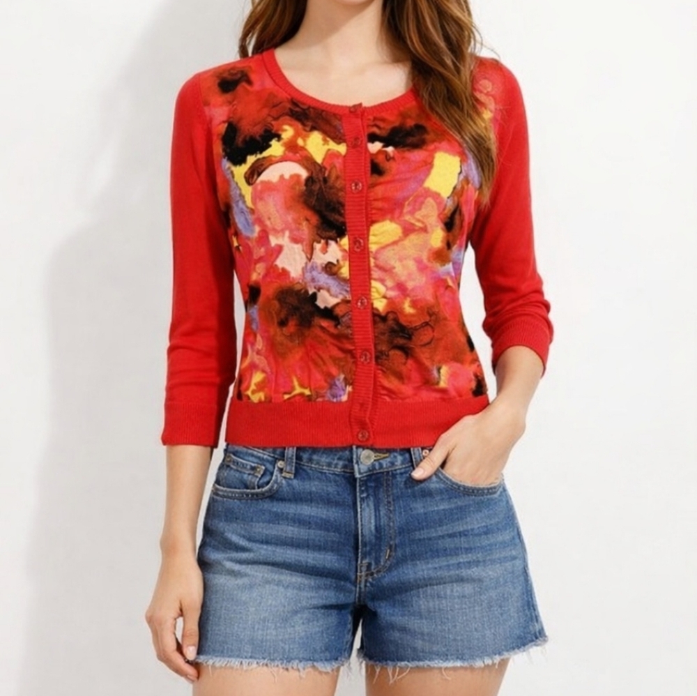 New York & Company Women Cardigan Sweater Medium Floral Front Button 100% Cotton